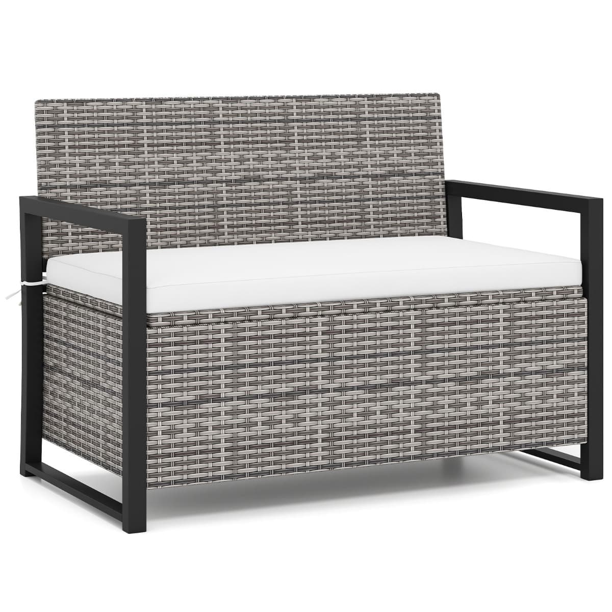 CostwayBanc de Rangement de Patio Canapé-lit en Rotin avec Rangement Intégré & Coussin Long Boîte de Rangement avec Cadre Métallique Gris