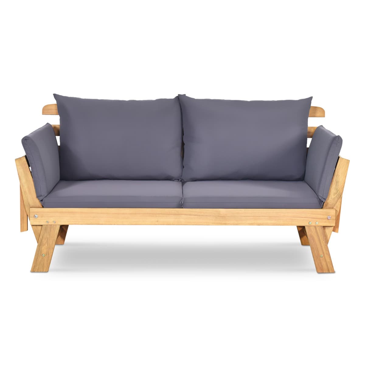 CostwayChaise Longue Convertible avec Coussin Canapé de Jardin 2 en 1 en Bois d’Acacia avec Accoudoir Réglable pour Patio Piscine Jardin Gris