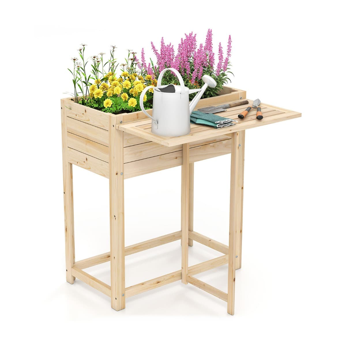 CostwayGiantex Lit de Jardin Surélevé en Bois avec Pieds Tablette Latérale Pliable Drainage Bac à Plantes pour Fleurs Herbes Légumes Fruits Naturel