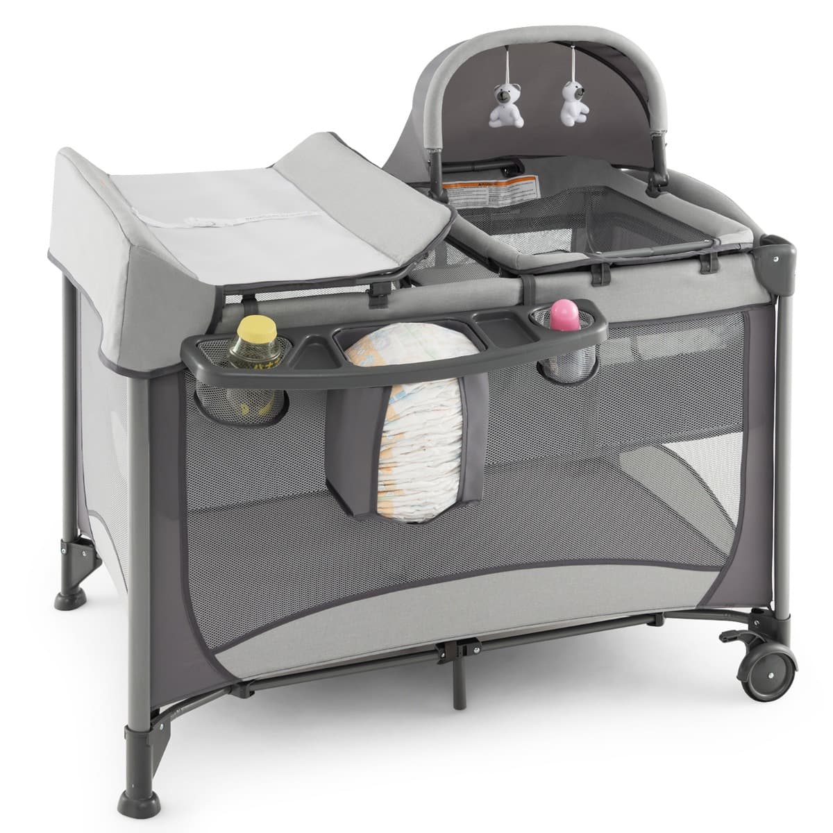 CostwayLit Bébé 5 en 1 Lit Parapluie Pliable Parc Bébé Table à Langer avec Berceau Matelas Amovible Jouets Gris